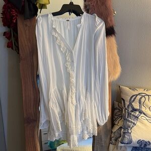 Free People Ivory Lace Boho Ruffle Blouse with Peplum Sleeves XS